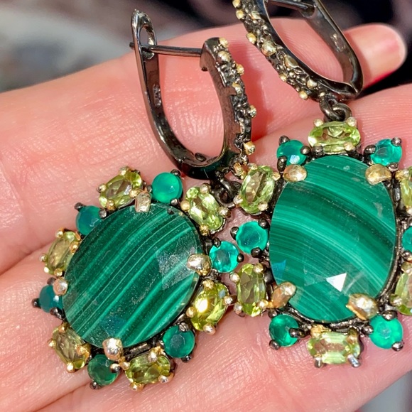 Royal Genuine Malachite Earrings with Gemstone Accents - Picture 5 of 14